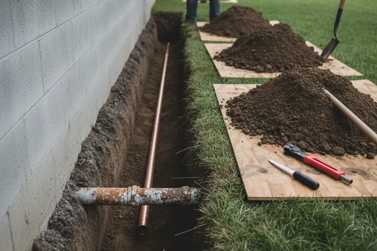 Excavated water line trench during Sewer Line Repair in Parrott